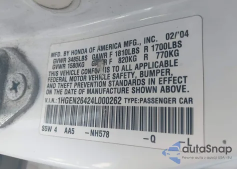 2004 Honda Civic из США, поврежденный, VIN 1HGEN26424L000262